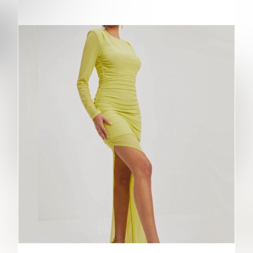 VICI city Rendezvous lime yellow long ruched Bodycon maxi dress w/ slit. NEW XS